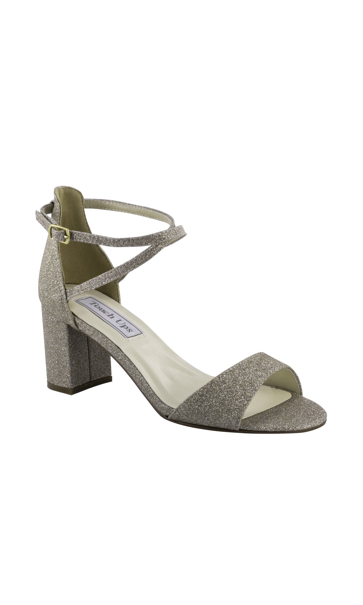 The Jackie Champagne Block Heel Prom Shoes 4271 is a single glittery, open-toe sandal with an ankle strap and buckle—perfect for prom—shown against a white background.